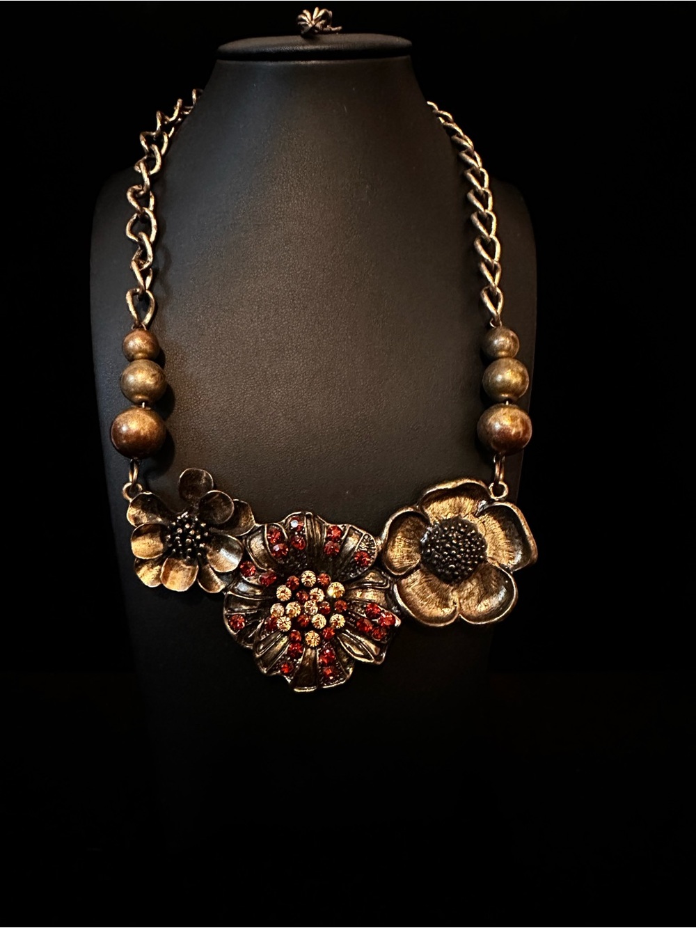 Vintage CG Branded Gold Floral Statement Necklace with Red Accent Crystals